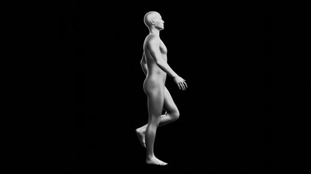 Beautiful young metallic silver man posing, isolated on black background. 3d illustration (rendering). Silver mannequin. Side viewの写真素材