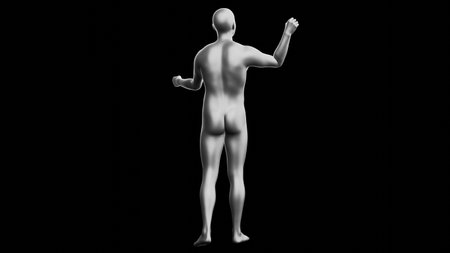 Beautiful young metallic silver man posing, isolated on black background. 3d illustration (rendering). Silver mannequin. Back viewの写真素材