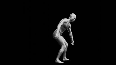 Beautiful young metallic silver man posing, isolated on black background. 3d illustration (rendering). Silver mannequin. Side viewの写真素材