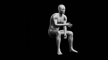 Beautiful young metallic silver man posing, isolated on black background. 3d illustration (rendering). Silver mannequin. Side viewの写真素材