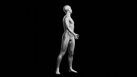 Beautiful young metallic silver man posing, isolated on black background. 3d illustration (rendering). Silver mannequin. Side viewの写真素材