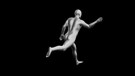 Beautiful young metallic silver man posing, isolated on black background. 3d illustration (rendering). Silver mannequin, android. Back viewの写真素材