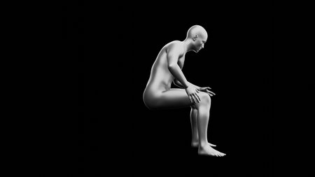 Beautiful young metallic silver man posing, isolated on black background. 3d illustration (rendering). Silver mannequin. Side viewの写真素材