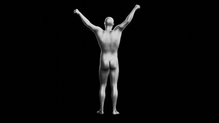 Beautiful young metallic silver man posing, isolated on black background. 3d illustration (rendering). Silver mannequin. Back viewの写真素材