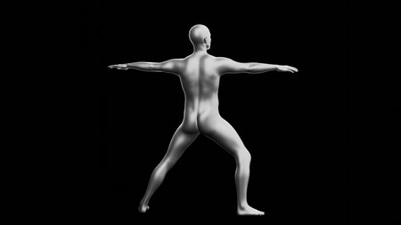 Beautiful young metallic silver man posing, isolated on black background. 3d illustration (rendering). Silver mannequin. Back viewの写真素材