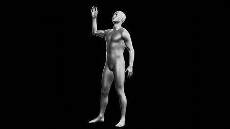 Beautiful young metallic silver man posing, isolated on black background. 3d illustration (rendering). Silver mannequin. Side viewの写真素材