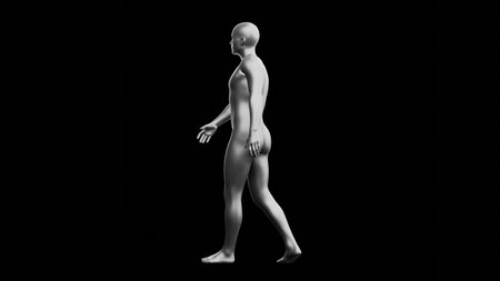 Beautiful young metallic silver man posing, isolated on black background. 3d illustration (rendering). Silver mannequin. Side viewの写真素材