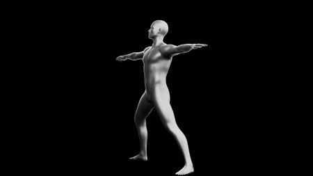 Beautiful young metallic silver man posing, isolated on black background. 3d illustration (rendering). Silver mannequin. Side viewの写真素材