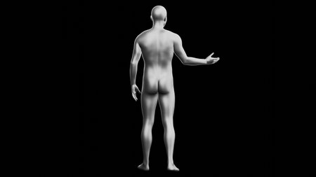 Beautiful young metallic silver man posing, isolated on black background. 3d illustration (rendering). Silver mannequin. Back viewの写真素材