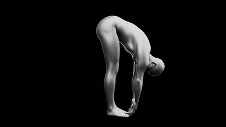 Beautiful young metallic silver man posing, isolated on black background. 3d illustration (rendering). Silver mannequin. Side viewの写真素材