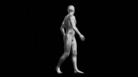 Beautiful young metallic silver man posing, isolated on black background. 3d illustration (rendering). Silver mannequin. Side viewの写真素材