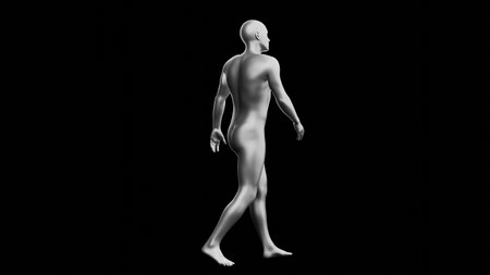 Beautiful young metallic silver man posing, isolated on black background. 3d illustration (rendering). Silver mannequin, android. Side viewの写真素材
