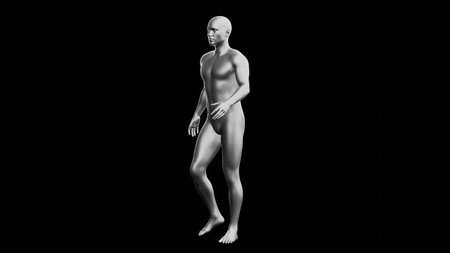 Beautiful young metallic silver man posing, isolated on black background. 3d illustration (rendering). Silver mannequin. Side viewの写真素材
