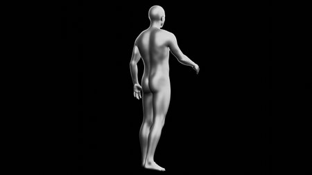 Beautiful young metallic silver man posing, isolated on black background. 3d illustration (rendering). Silver mannequin, android. Back viewの写真素材