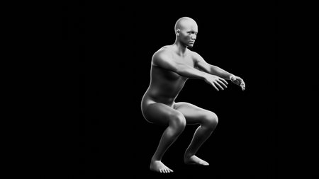 Beautiful young metallic silver man posing, isolated on black background. 3d illustration (rendering). Silver mannequin. Side viewの写真素材