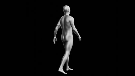 Beautiful young metallic silver man posing, isolated on black background. 3d illustration (rendering). Silver mannequin. Back viewの写真素材