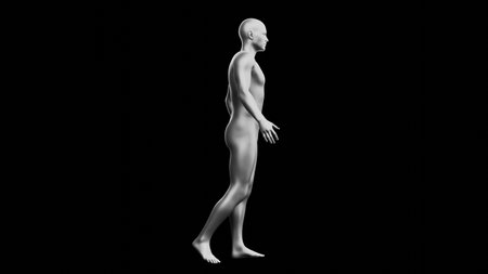 Beautiful young metallic silver man posing, isolated on black background. 3d illustration (rendering). Silver mannequin. Side viewの写真素材