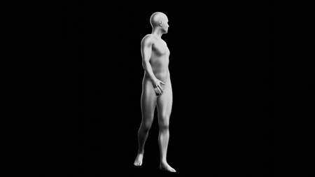 Beautiful young metallic silver man posing, isolated on black background. 3d illustration (rendering). Silver mannequin. Side viewの写真素材