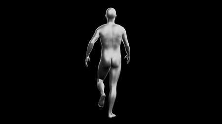 Beautiful young metallic silver man posing, isolated on black background. 3d illustration (rendering). Silver mannequin. Back viewの写真素材