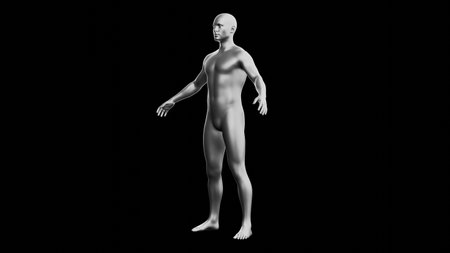 Beautiful young metallic silver man posing, isolated on black background. 3d illustration (rendering). Silver mannequin. Side viewの写真素材