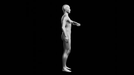 Beautiful young metallic silver man posing, isolated on black background. 3d illustration (rendering). Silver mannequin. Side viewの写真素材