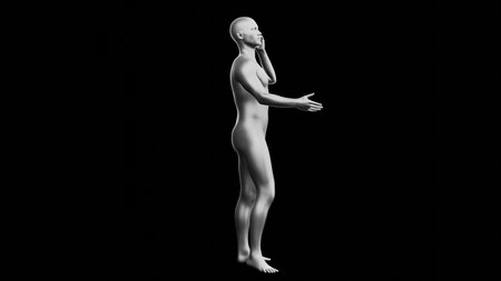 Beautiful young metallic silver man posing, isolated on black background. 3d illustration (rendering). Silver mannequin. Side viewの写真素材
