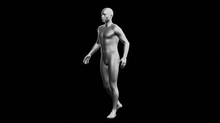 Beautiful young metallic silver man posing, isolated on black background. 3d illustration (rendering). Silver mannequin. Side viewの写真素材
