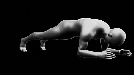 Beautiful young metallic silver man posing, isolated on black background. 3d illustration (rendering). Silver mannequin. Side viewの写真素材