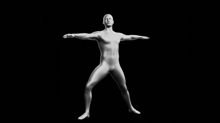 Beautiful young metallic silver man posing, isolated on black background. 3d illustration (rendering). Silver mannequin. Side viewの写真素材