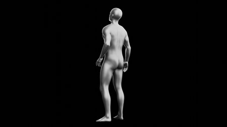 Beautiful young metallic silver man posing, isolated on black background. 3d illustration (rendering). Silver mannequin. Back viewの写真素材
