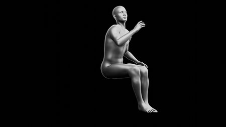 Beautiful young metallic silver man posing, isolated on black background. 3d illustration (rendering). Silver mannequin. Side viewの写真素材