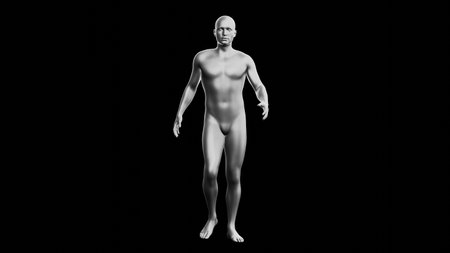 Beautiful young metallic silver man posing, isolated on black background. 3d illustration (rendering). Silver mannequin. Frontal viewの写真素材