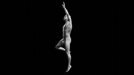 Beautiful young metallic silver man posing, isolated on black background. 3d illustration (rendering). Silver mannequin, android. Side viewの写真素材