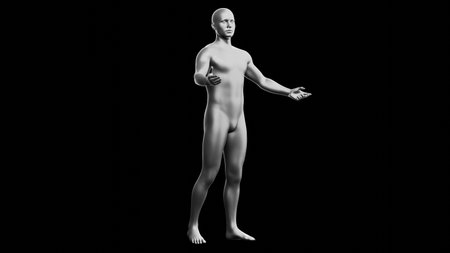 Beautiful young metallic silver man posing, isolated on black background. 3d illustration (rendering). Silver mannequin. Side viewの写真素材