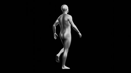 Beautiful young metallic silver man posing, isolated on black background. 3d illustration (rendering). Silver mannequin. Back viewの写真素材