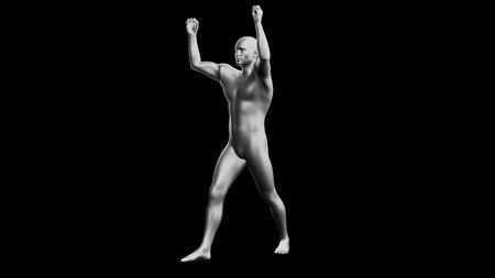 Beautiful young metallic silver man posing, isolated on black background. 3d illustration (rendering). Silver mannequin. Side viewの写真素材