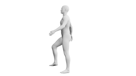 Beautiful athletic young man posing, isolated on white background. 3d illustration (rendering). Artificial intelligence, mannequin. Side viewの写真素材