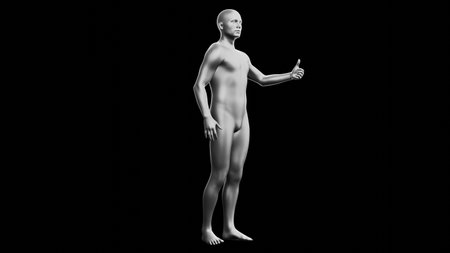 Beautiful young metallic silver man posing, isolated on black background. 3d illustration (rendering). Silver mannequin. Side viewの写真素材