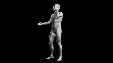 Beautiful young metallic silver man posing, isolated on black background. 3d illustration (rendering). Silver mannequin. Side viewの写真素材