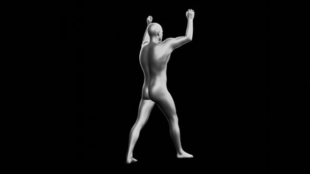 Beautiful young metallic silver man posing, isolated on black background. 3d illustration (rendering). Silver mannequin. Back viewの写真素材