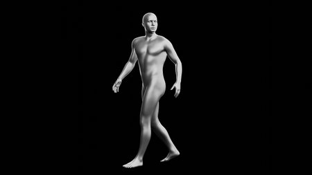Beautiful young metallic silver man posing, isolated on black background. 3d illustration (rendering). Silver mannequin. Side viewの写真素材
