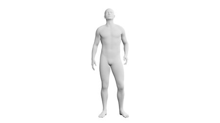 Beautiful athletic young man posing, isolated on white background. 3d illustration (rendering). Artificial intelligence, mannequin. Frontal viewの写真素材