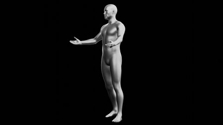 Beautiful young metallic silver man posing, isolated on black background. 3d illustration (rendering). Silver mannequin. Side viewの写真素材