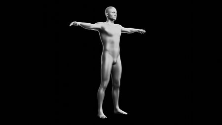 Beautiful young metallic silver man posing, isolated on black background. 3d illustration (rendering). Silver mannequin. Side viewの写真素材