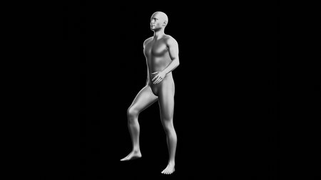 Beautiful young metallic silver man posing, isolated on black background. 3d illustration (rendering). Silver mannequin. Side viewの写真素材