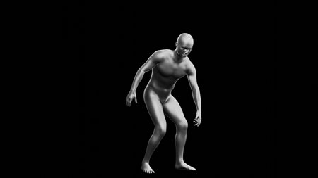 Beautiful young metallic silver man posing, isolated on black background. 3d illustration (rendering). Silver mannequin. Side viewの写真素材