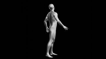 Beautiful young metallic silver man posing, isolated on black background. 3d illustration (rendering). Silver mannequin. Side viewの写真素材