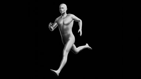 Beautiful young metallic silver man posing, isolated on black background. 3d illustration (rendering). Silver mannequin. Side viewの写真素材