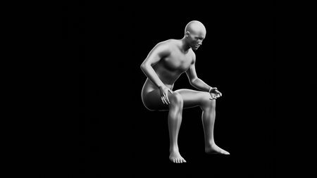 Beautiful young metallic silver man posing, isolated on black background. 3d illustration (rendering). Silver mannequin. Side viewの写真素材