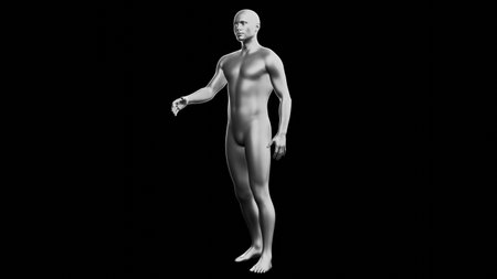 Beautiful young metallic silver man posing, isolated on black background. 3d illustration (rendering). Silver mannequin. Side viewの写真素材